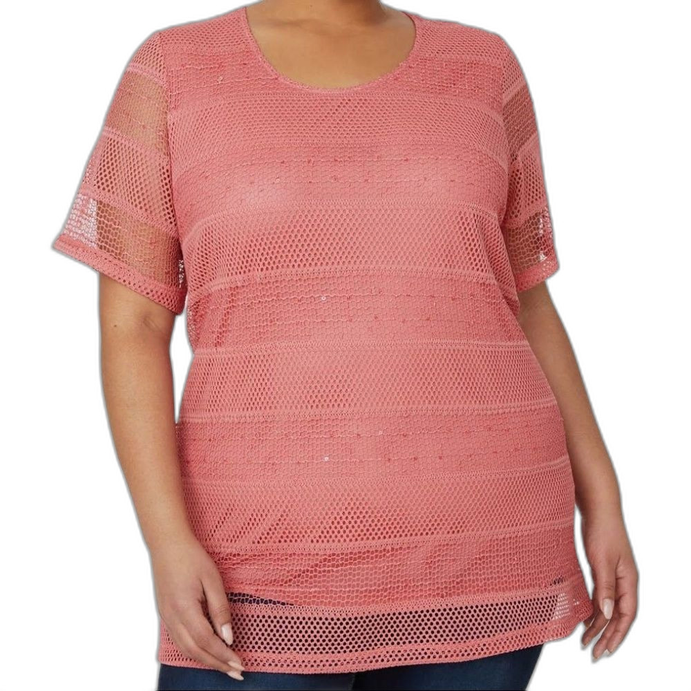 Catherines Sequined Crochet Sparkle Top Sheer Lined Short Sleeve Round Neck 2XP